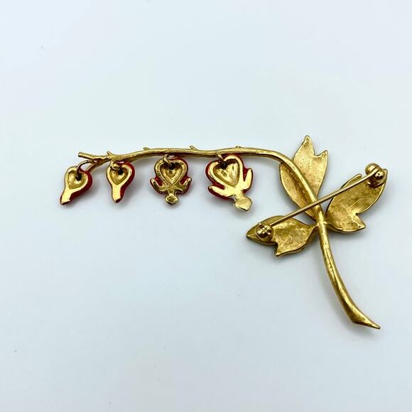 Vintage Bleeding Heart Brooch Ca 1950s Gold Tone Enamel Painted Metal - Picture 4 of 6